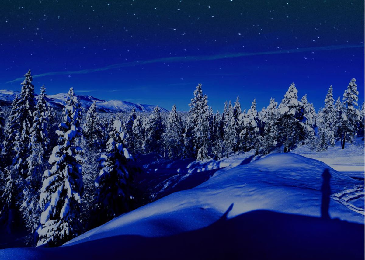 Et snødekt fjellandskap skimtes mot en blå stjernehimmel