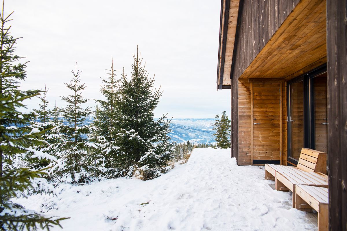 Et snødekt landskap hvor spor i snøen leder opp mot en hytte